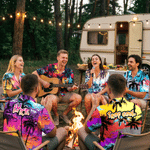 Personalized Multicolor Street Graffiti Style Tropical Coconut Grove Sunset Motif Hawaiian Shirt with Text Beach Party Birthday Gift for Friends