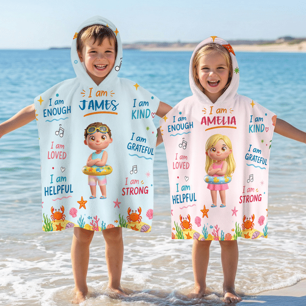 Personalized Cute Cartoon Diving Character Soft Quick Dry Hooded Beach Towel with Name Summer Vacation Travel Essentials Gift for Kids Family
