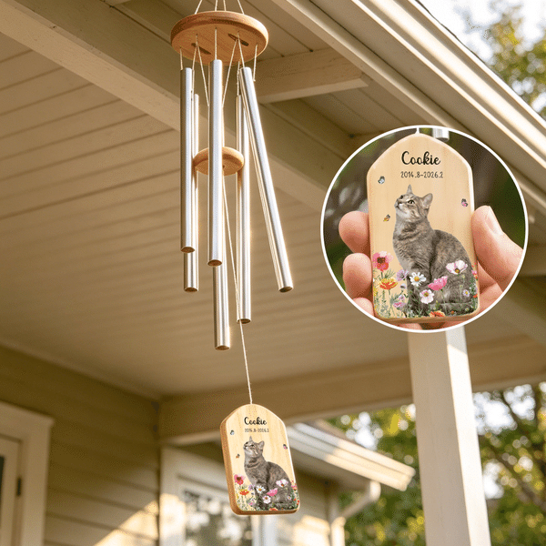 Personalised Flower Butterfly Photo Wood Wind Chime with Name and Date Memorial Sympathy Pet Loss Gift for Pet Owner Pet Lover
