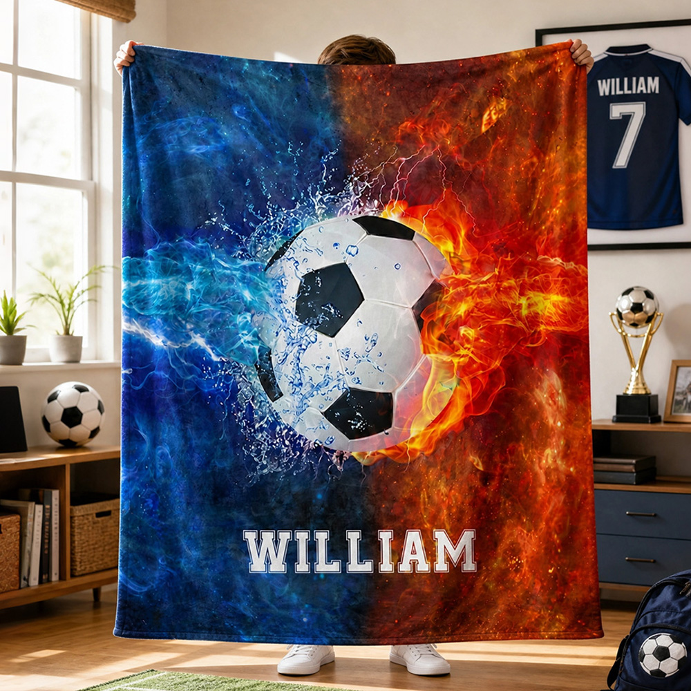 Personalisierte, kuschelige Sport-Decke mit Fußball- und Basketball-Motiv sowie Namenszug – für den täglichen Gebrauch, als Wohnaccessoire oder Geburtstagsgeschenk für Sportfans, Trainer und Sportler