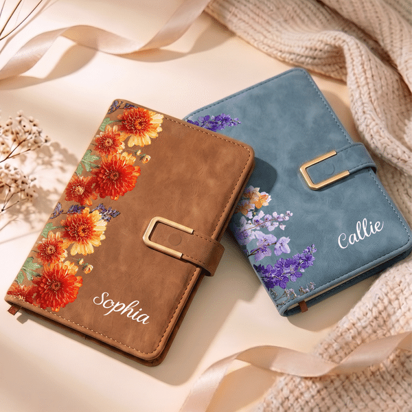 Personalised Birth Flower PU Leather A5 Notebook with Name Daily Office Use Appreciation Birthday Gift for Teachers Colleagues Friends