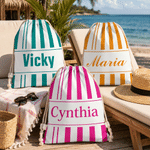 Personalised Multicolour Stripe Microfiber Drawstring Bag with Name Travel Beach Use Birthday Summer Vacation Gift for Kids Family