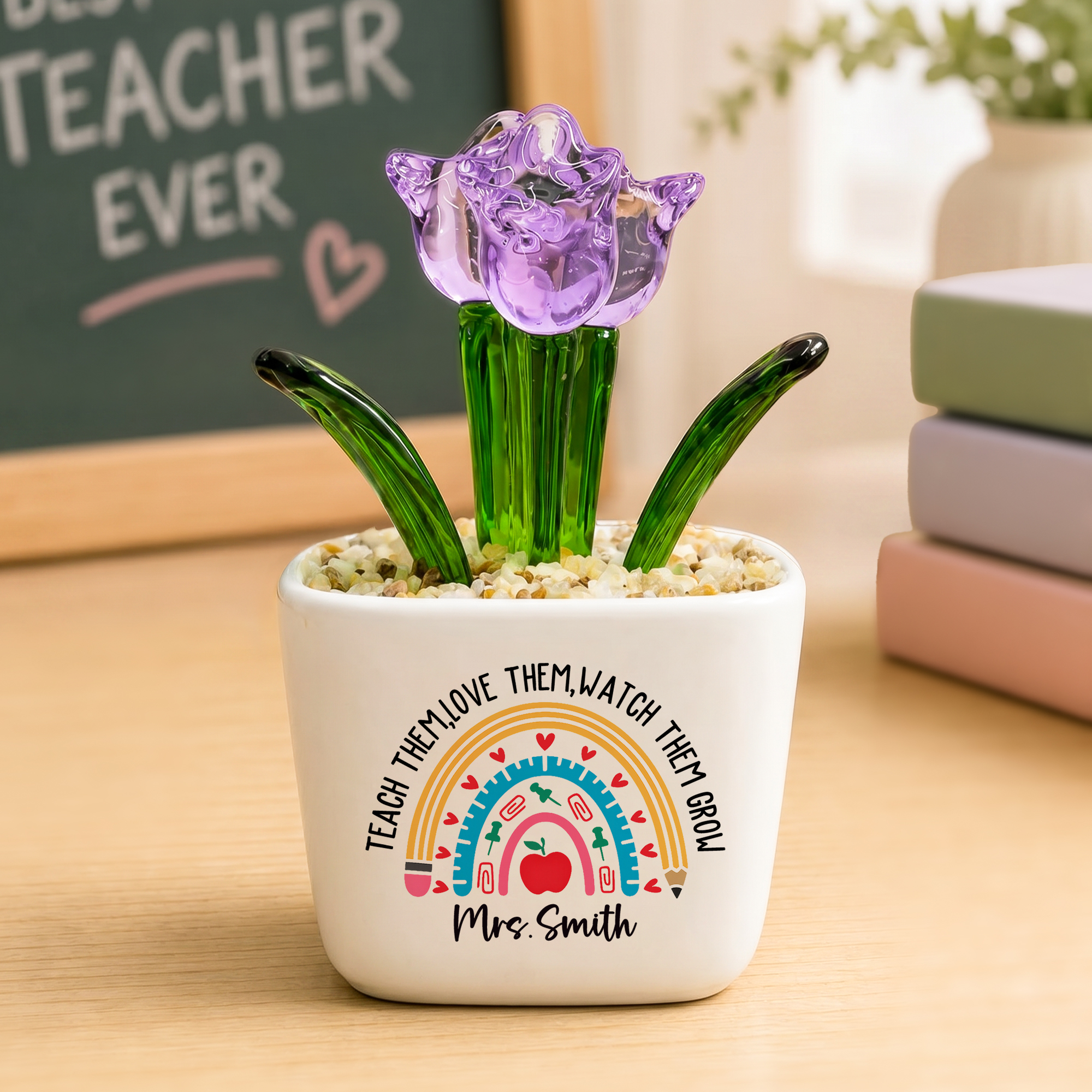 Personalisierte „Teach Love Watch Them Grow“-Tulpen in Regenbogen-Glas-Töpfen mit Schriftzug – Dekoration für Schreibtisch, Büro oder Regal – Geschenk zum Schulanfang für Lehrer