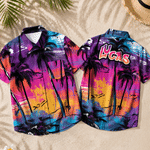 Personalized Multicolor Street Graffiti Style Tropical Coconut Grove Sunset Motif Hawaiian Shirt with Text Beach Party Birthday Gift for Friends