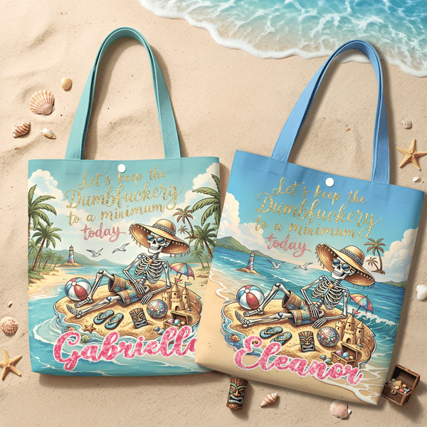 Personalized Retro Style Sandbeach Skull Durable Canvas Tote Bag with Name Beach Party Summer Vacation Birthday Gift for Girl Boy