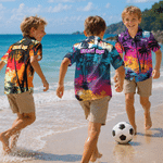 Personalized Multicolor Street Graffiti Style Tropical Coconut Grove Sunset Motif Hawaiian Shirt with Text Beach Party Birthday Gift for Friends