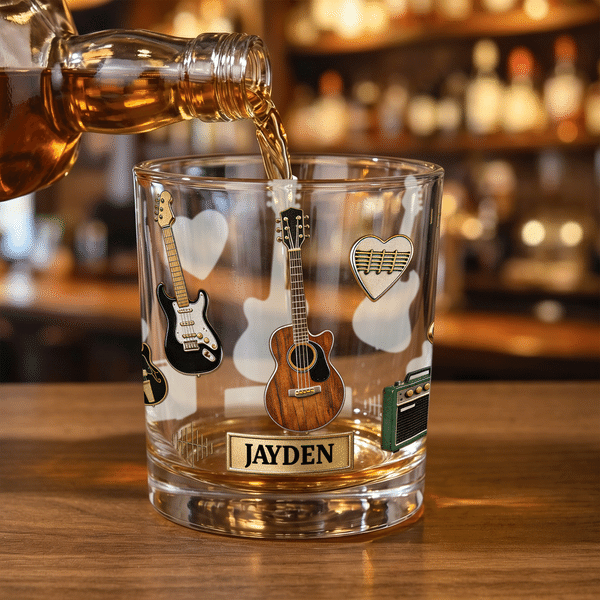 Personalised Vintage Guitar Durable 10 oz Rock Whisky Glass with Name Man Cave Bar Birthday Gift for Friend Husband