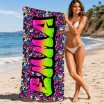 Personalized Graffiti Design Oversized Quick Dry Magnetic Beach Towel with Name Summer Vacation Accessory Birthday Gift for Family Friends