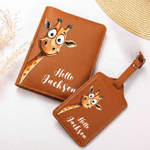 Personalized Cartoon Animal Says Hello PU Leather Passport Holder Luggage Tag Set with Name Travel Accessory Birthday Gift for Kids