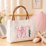 Personalised Floral Ballerina Initial Birth Flower Large Capacity Canvas Tote Bag with Name Birthday Anniversary Gift for Ballet Lovers Girlfriends