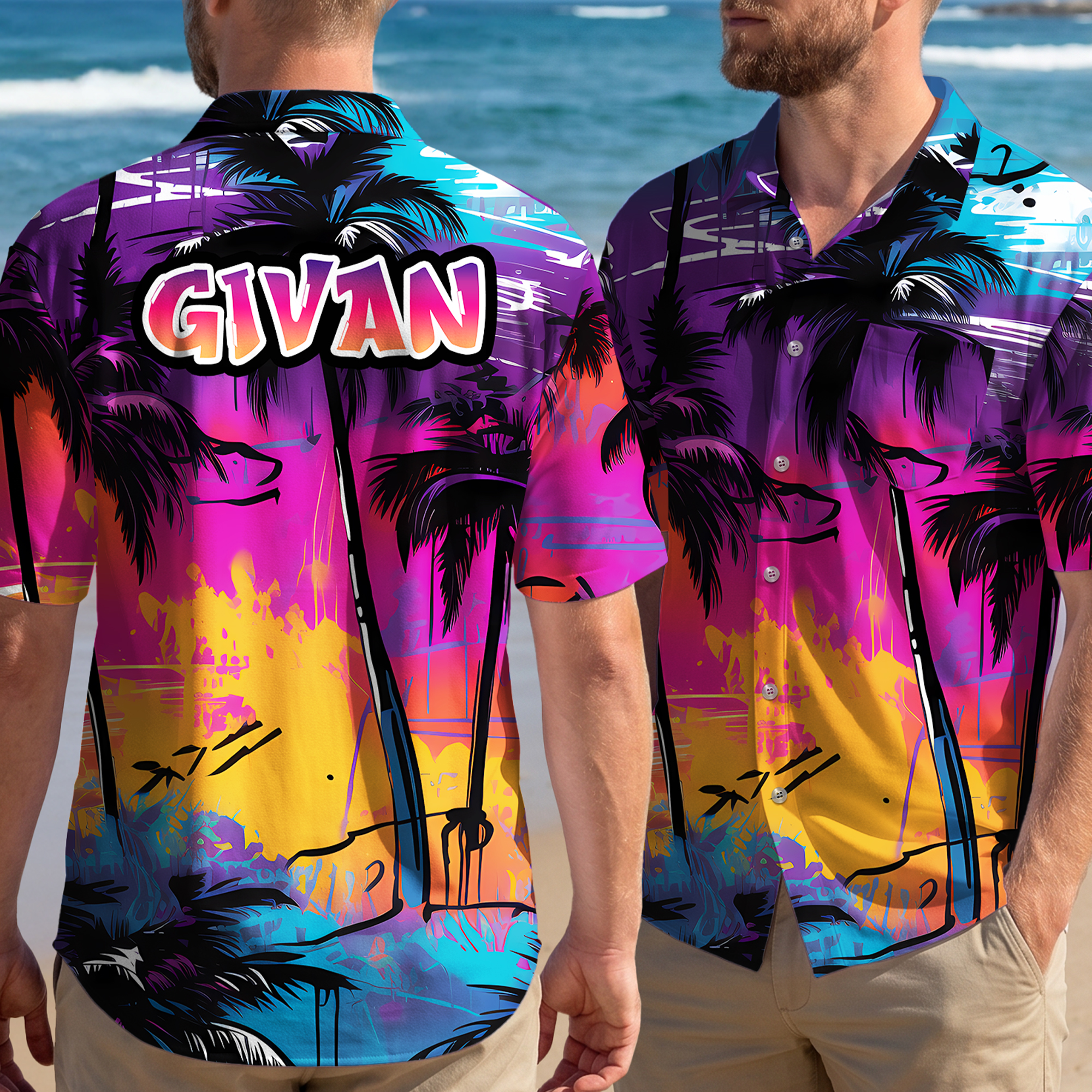 Personalisiertes, mehrfarbiges Hawaiihemd im Street-Graffiti-Stil mit tropischem Kokosnusshain-Sonnenuntergangsmotiv und Schriftzug „Beach Party“ – Geburtstagsgeschenk für Freunde