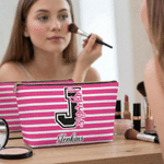 Personalized Durable Striped Team Makeup Bag with Name and Initial Daily Use Cheer Camp Birthday Gift for Girl Cheerleader Student