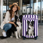 Personalized Striped Pet Photo Luggage Cover Fits 18-32 Inches Suitcase with Name Travel Accessories Birthday Gift for Pet Lovers