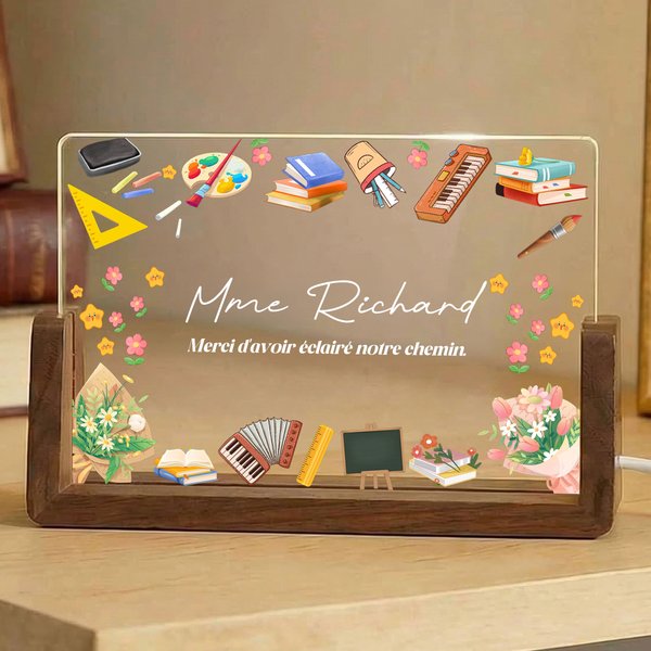 Veilleuse LED personnalisée avec Titre nom et texte - Décoration de table avec socle en bois - Cadeau de remerciement pour les enseignants