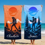 Personalized Hiker Silhouette Quick Dry Microfiber Sport Beach Towel with Name Travel Birthday Summer Vacation Gift for Hiking Lovers Hikers