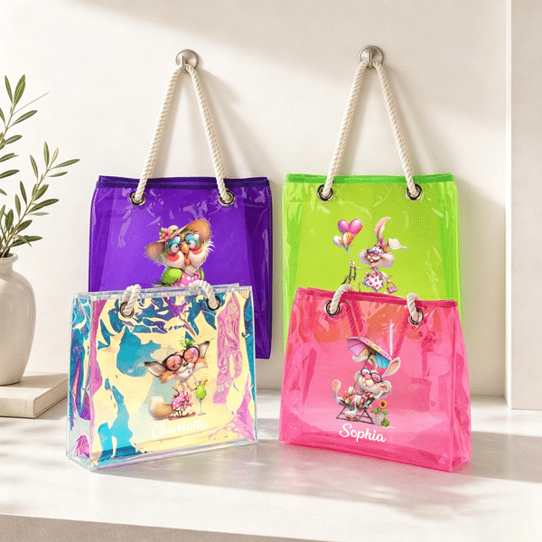 Personalized Cartoon Animal Holographic Transparent Tote Bag with Name Travel Essential Beach Party Birthday Gift for Women