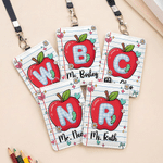 Personalised PU Leather Apple Letter Name ID Card Badge Holder with Lanyard Back to School Teacher's Day Appreciation Gift for Teacher Educator