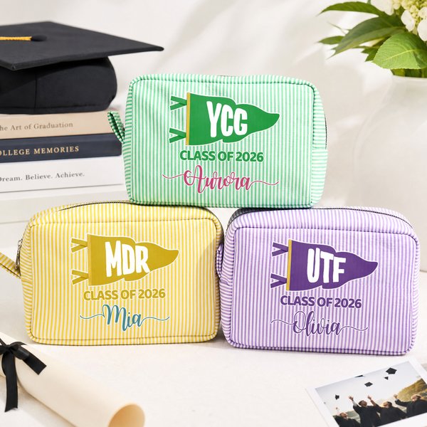 Personalized Pennant Glass of 2026 Striped Makeup Bag with Name Graduation Gift for Graduates
