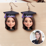 Personalized Cartoon Face Photo Graduation Cap Dangle Earrings with Name Graduation Party Gift for Class of 2026 Graduate