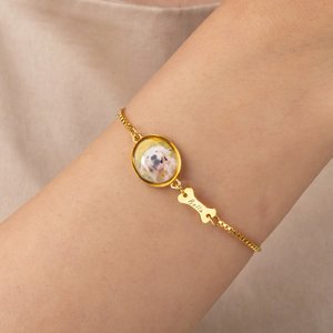 Personalized Pet Photo Dog Bone Cat Head Charm Adjustable Bracelet with Name Sympathy Memorial Gift for Pet Owners Lovers