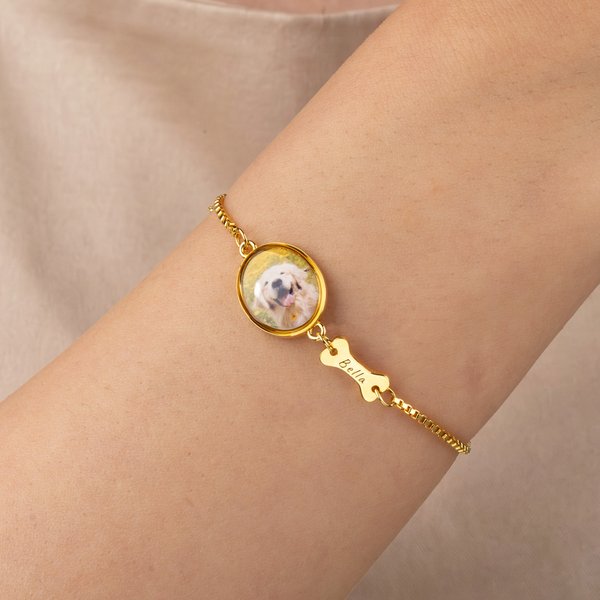 Personalised Pet Photo Dog Bone Cat Head Charm Adjustable Bracelet with Name Sympathy Memorial Gift for Pet Owners Lovers