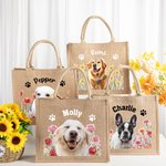 Personalisierte große Jute-Tragetasche mit Foto, Geburtsblume, Hunde- und Katzenpfotenabdrücken sowie Namen – Geburtstagsgeschenk für Tierliebhaber und Tierhalter