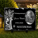 Personalized Angel Flower Cross Photo Garden Stone with Stand Name and Year Memorial Sympathy Gift for Loss of Loved One