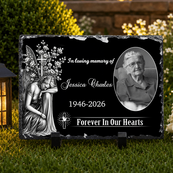 Personalized Angel Flower Cross Photo Garden Stone with Stand Name and Year Memorial Sympathy Gift for Loss of Loved One