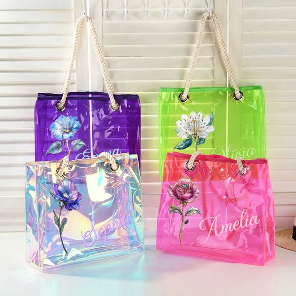 Borsa tote trasparente olografica personalizzata con nome e fiore di nascita - Regalo estivo per donne