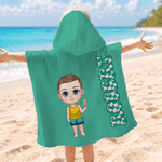 Personalized Cute Cartoon Kid Character Hooded Beach Towel with Name and Drawstring Bag Travel Use Birthday Beach Party Gift for Kids Girls Boys