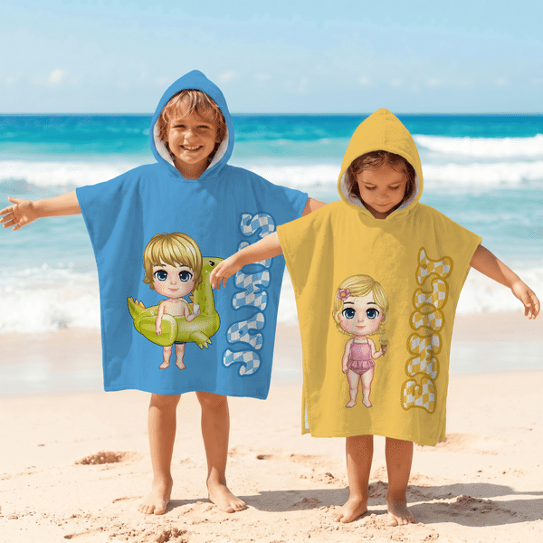 Personalized Cute Cartoon Kid Character Hooded Beach Towel with Name and Drawstring Bag Travel Use Birthday Beach Party Gift for Kids Girls Boys