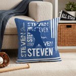 Housse de coussin décorative personnalisée, à motif aquarelle représentant la silhouette d'un sportif sur fond rayé, avec nom et prénom. Décoration d'intérieur et cadeau d'anniversaire pour les passio
