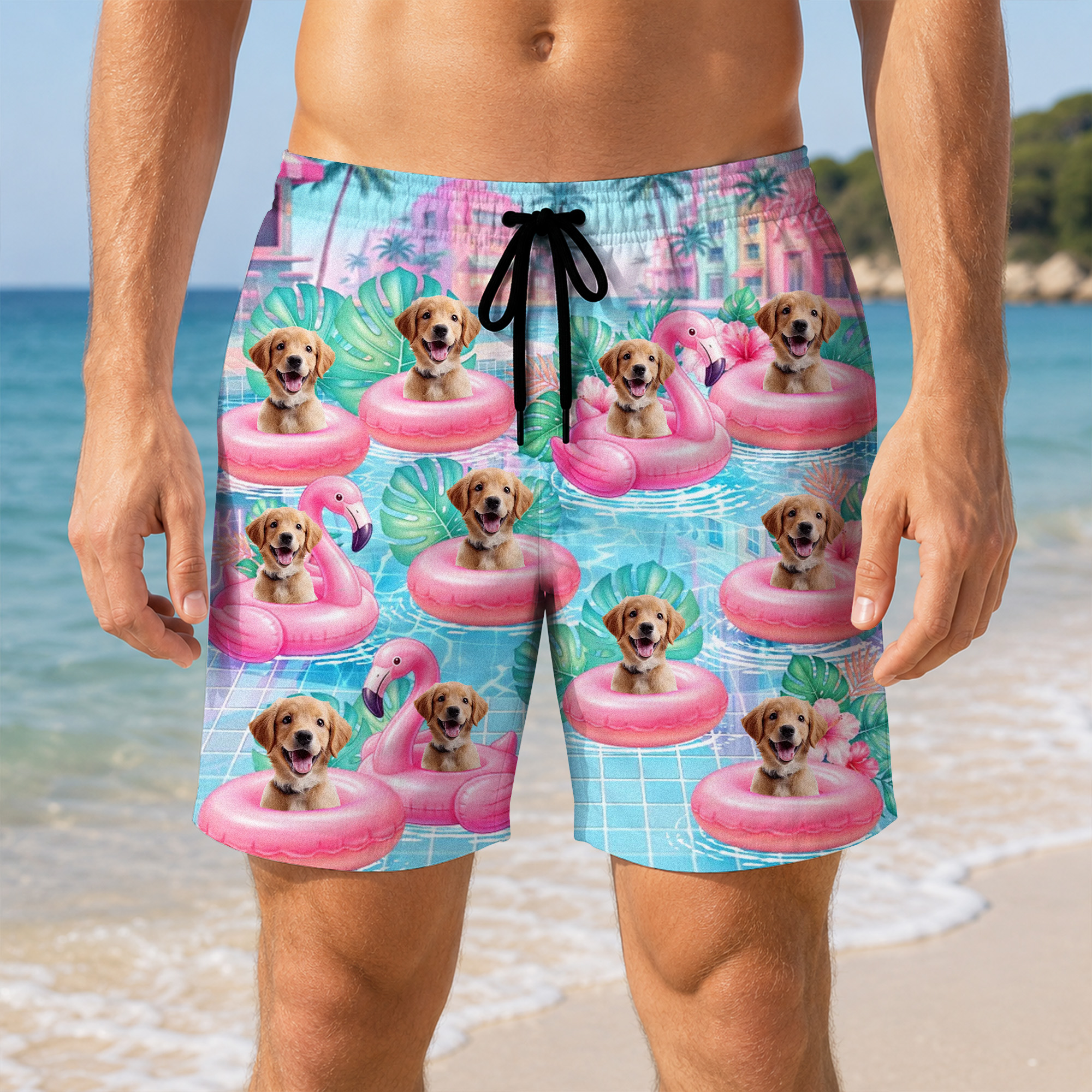 Personalisierte Flamingo-Schwimmring-Foto-Badehose – Strandshorts mit Kordelzug – Unverzichtbar für den Sommerurlaub – Geburtstagsgeschenk für Männer und Tierfreunde