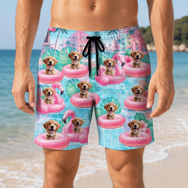 Personalised Flamingo Swimming Ring Photo Swim Trunks Beach Shorts with Drawstring Summer Travel Essential Birthday Gift for Men Pet Lovers