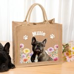 Personalisierte große Jute-Tragetasche mit Foto, Geburtsblume, Hunde- und Katzenpfotenabdrücken sowie Namen – Geburtstagsgeschenk für Tierliebhaber und Tierhalter