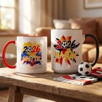 Personlig keramisk kopp med flerfarget fotballmønster, 11 oz og 15 oz, med navn og underlag – til daglig bruk, bursdagsgave til fotballentusiast og spiller