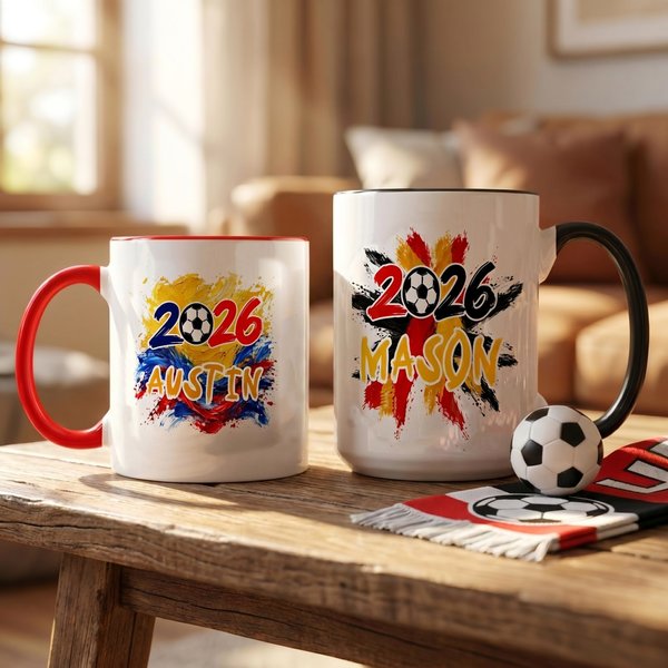 Personalised Multicolour Soccer Pattern 11 oz 15 oz Ceramic Mug with Name and Coaster Daily Use Birthday Gift for Soccer Lover Player