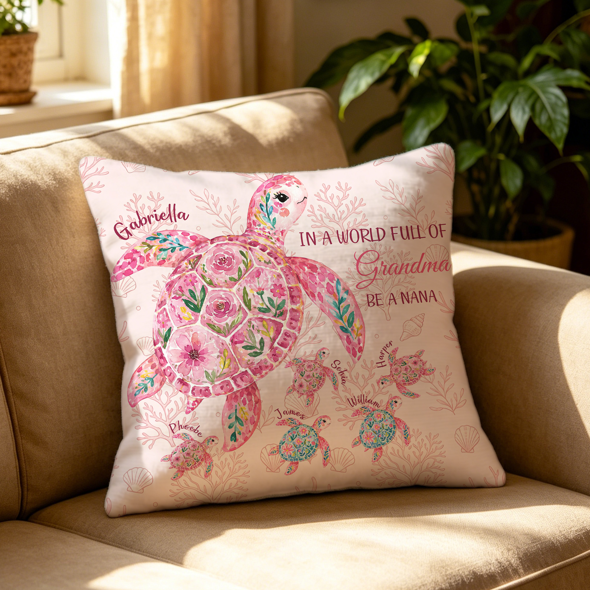 Individuell gestalteter, weicher Kissenbezug mit Meeresschildkröten-Motiv und Namen – Wohnaccessoire, Geschenk zum Jahrestag oder Geburtstag für Mädchen, Frauen und Großmütter