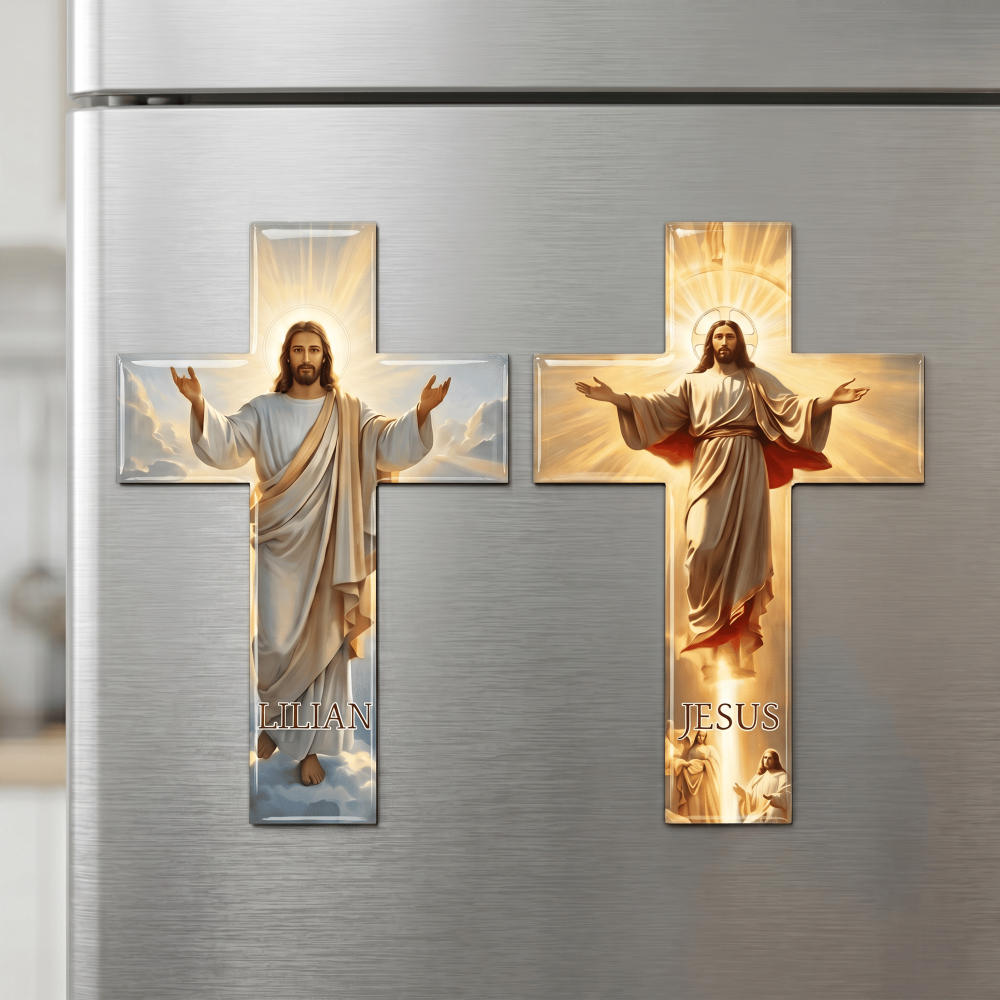 Personalisierter Kühlschrankmagnet in Kreuzform mit Jesus-Motiv und Namen – Wohnaccessoire, Kommunion, Taufe, religiöses Geschenk für Christen