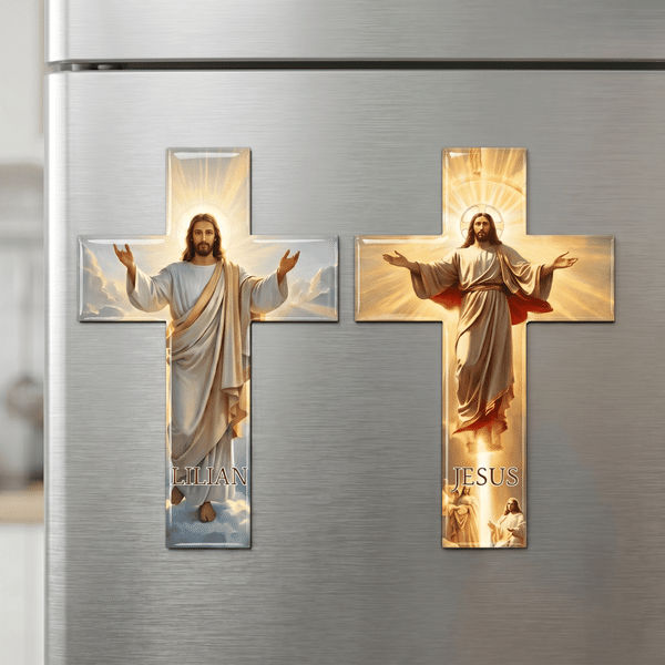 Personalized Cross Shape Jesus Fridge Magnet with Name Home Decor Communion Baptism Religious Gift for Christians