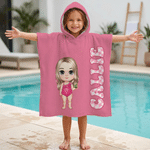 Personalized Cute Cartoon Kid Character Hooded Beach Towel with Name and Drawstring Bag Travel Use Birthday Beach Party Gift for Kids Girls Boys