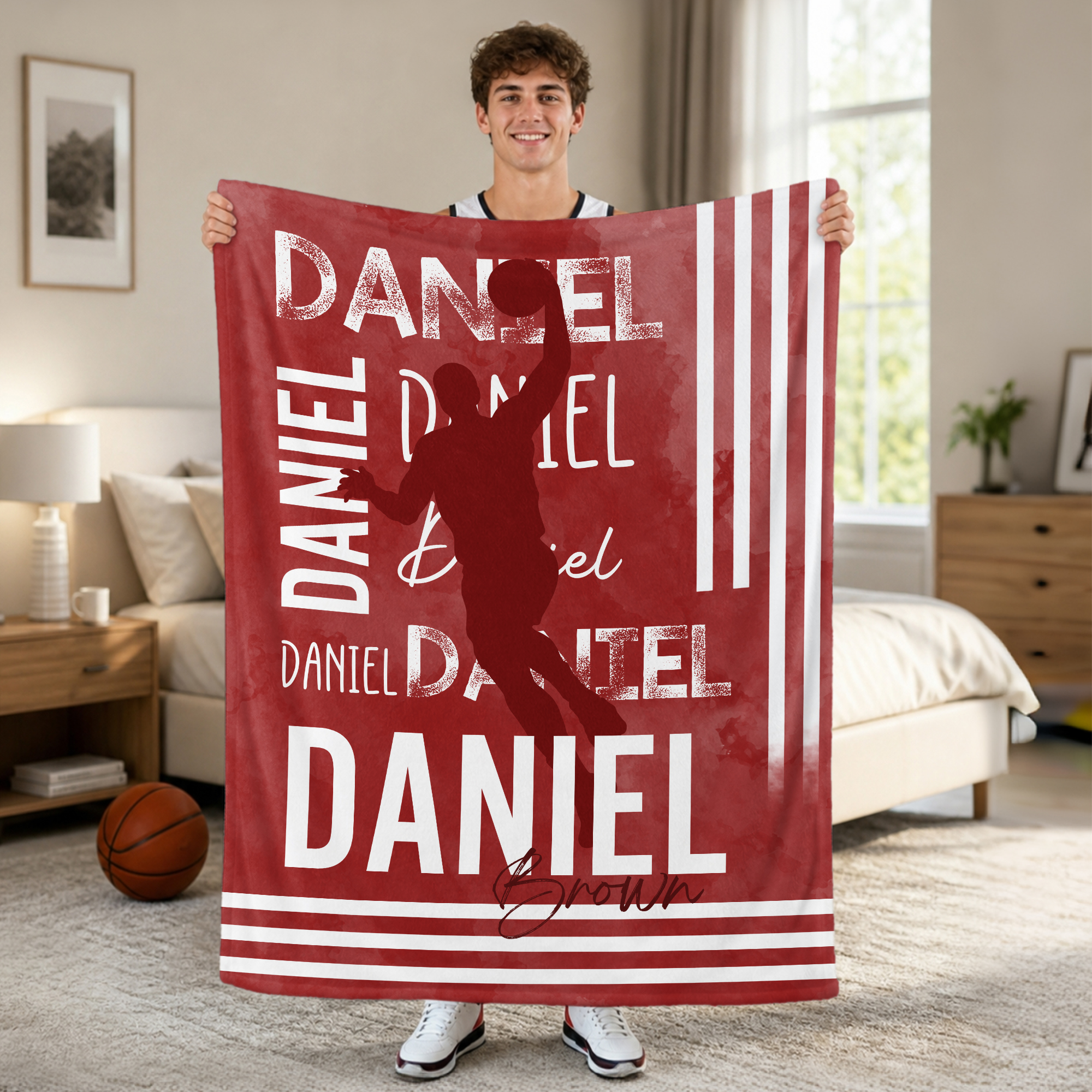 Personalisierte, gestreifte, weiche Decke mit Aquarell-Silhouette eines Sportlers, mit Nachnamen und Vornamen – Wohnaccessoire und Geburtstagsgeschenk für Sportbegeisterte