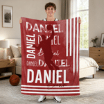 Personalized Watercolor Sports Player Silhouette Striped Soft Throw Blanket with Last Name and Name Home Decor Birthday Gift for Sports Enthusiasts