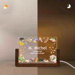 Veilleuse LED personnalisée avec Titre nom et texte - Décoration de table avec socle en bois - Cadeau de remerciement pour les enseignants