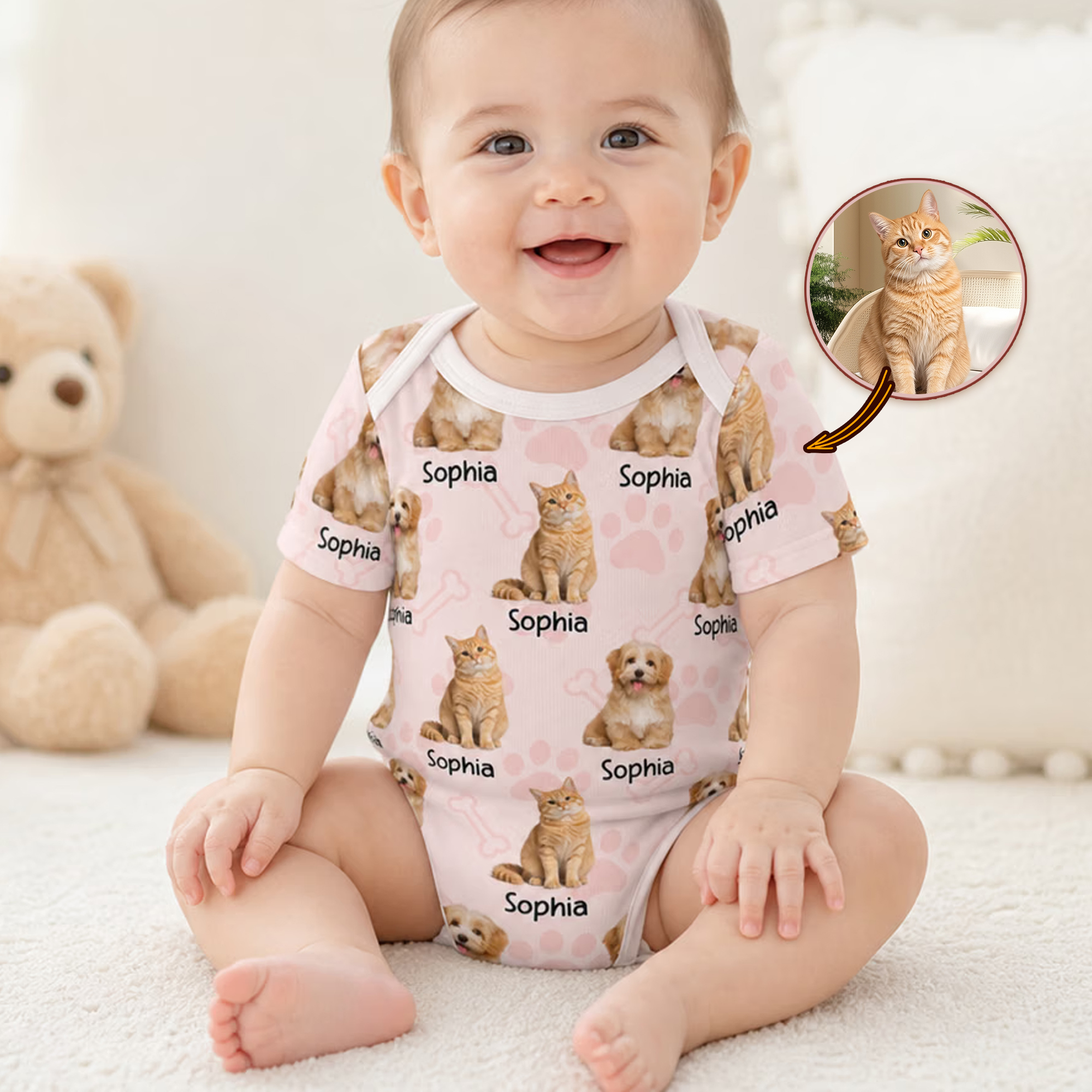 Individuell gestalteter, mehrfarbiger Baby-Body aus 100 % Baumwolle mit Herz-, Knochen- und Pfotenabdruck-Motiv, 1–5 Fotos und Namen – Geburtstags- oder Babyparty-Geschenk für Neugeborene