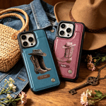 Personalised Western Cowgirl Boots PU Leather Flip Wallet Phone Case for iPhone with Name RFID Blocking Card Holder Birthday Gift for Western Cowgirl