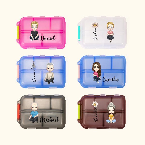 Personalized Birth Flower Cartoon 10 Compartments Pocket Pharmacy Travel Daily Pill Organizer with Name and Medication Labels Gift for Family Friend