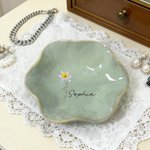 Personalized Imitation Crystal Style Birth Flower Ceramic Scalloped Edge Trinket Jewelry Dish with Name Mother's Day Birthday Gift for Her