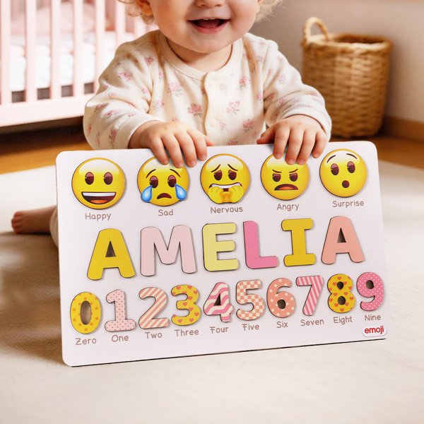 Personlig, fargerikt emoji-tall- og navnepuslespill for barn – leketøy til daglig bruk, baby shower- og bursdagsgave til nybakte foreldre og barn | Callie × emoji ™
