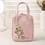 Personalised 1-7 Flower Family Photos PU Leather Handheld Makeup Bag with Name Daily Use Birthday Anniversary Gift for Women